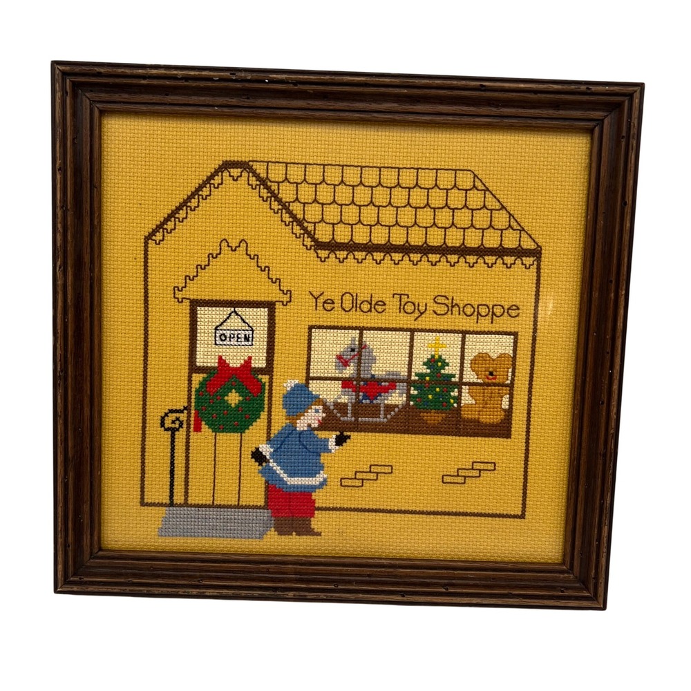 Handmade Ye Olde Toy Shoppe Needlepoint Framed Art Yellow 10.5x9.75 Christmas